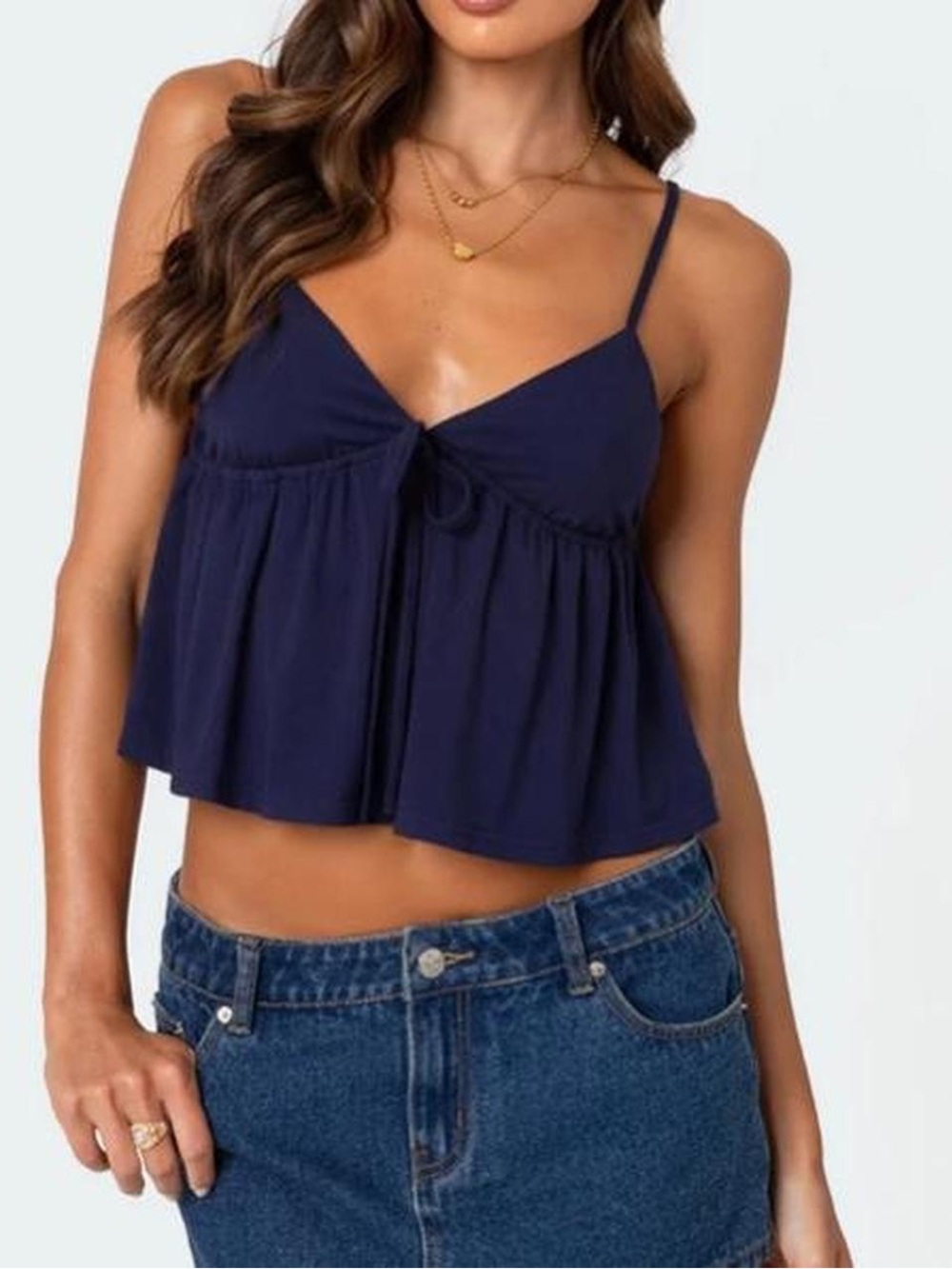 Edikted Navy Spaghetti-Strap Tie-Front Cropped Cami